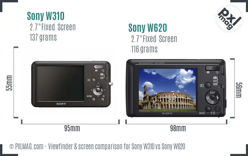 Sony W310 vs Sony W620 Screen and Viewfinder comparison