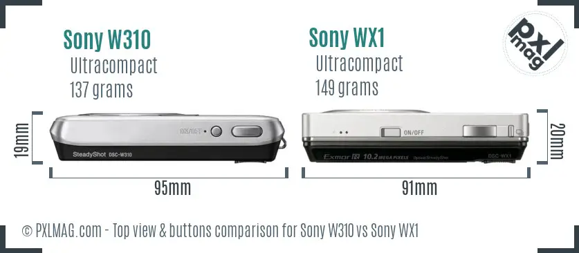 Sony W310 vs Sony WX1 top view buttons comparison