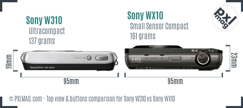 Sony W310 vs Sony WX10 top view buttons comparison