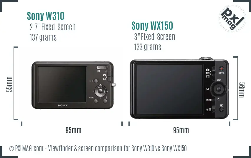 Sony W310 vs Sony WX150 Screen and Viewfinder comparison