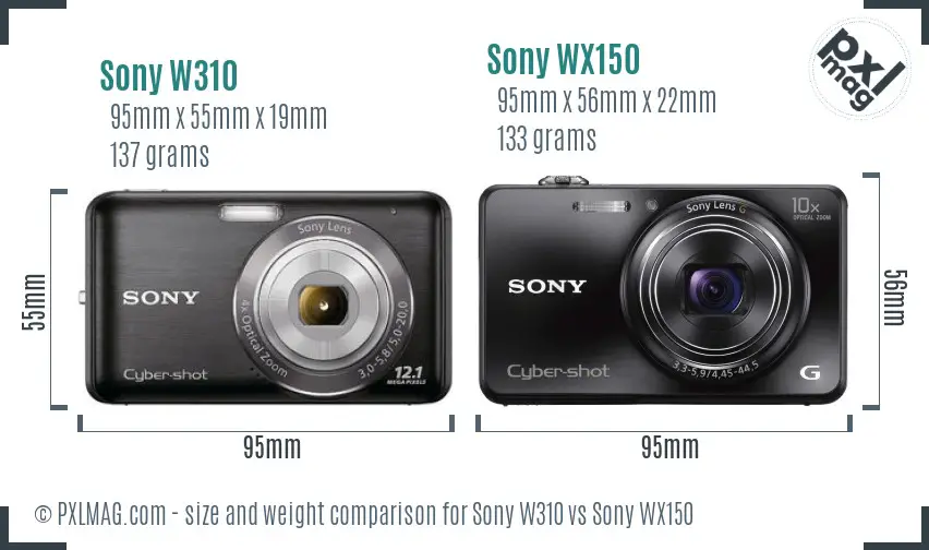 Sony W310 vs Sony WX150 size comparison