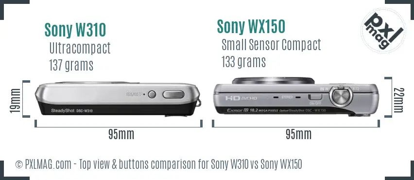 Sony W310 vs Sony WX150 top view buttons comparison
