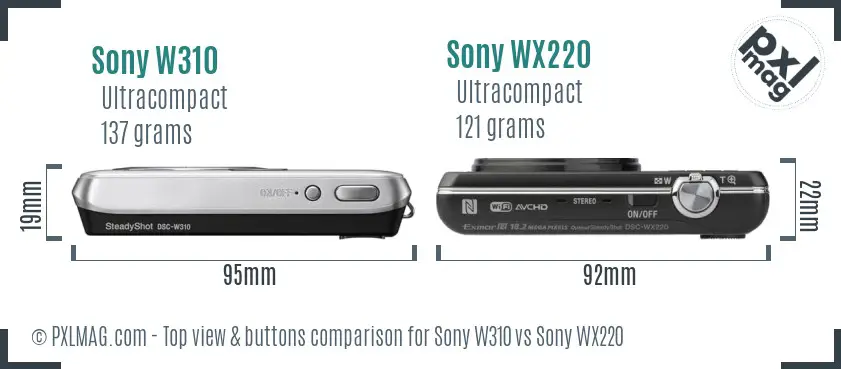 Sony W310 vs Sony WX220 top view buttons comparison