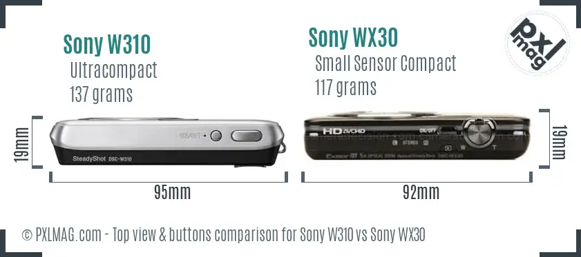 Sony W310 vs Sony WX30 top view buttons comparison