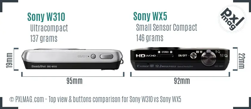 Sony W310 vs Sony WX5 top view buttons comparison