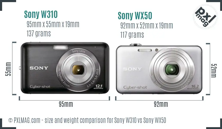 Sony W310 vs Sony WX50 size comparison