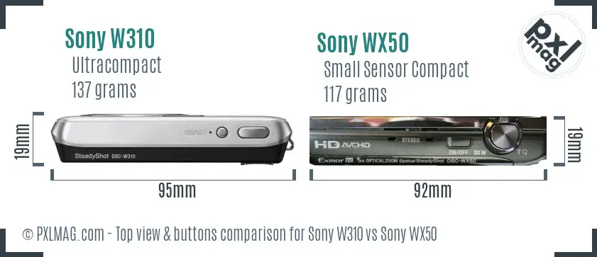 Sony W310 vs Sony WX50 top view buttons comparison