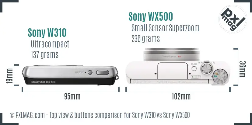 Sony W310 vs Sony WX500 top view buttons comparison