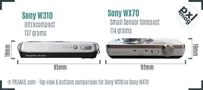Sony W310 vs Sony WX70 top view buttons comparison