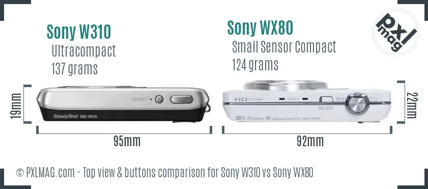 Sony W310 vs Sony WX80 top view buttons comparison