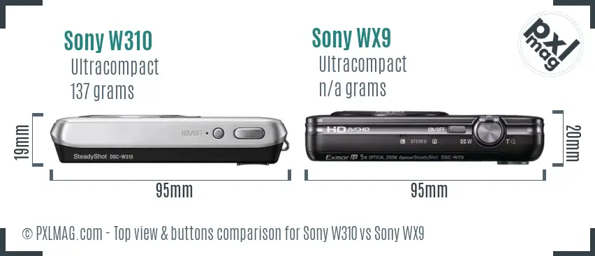 Sony W310 vs Sony WX9 top view buttons comparison