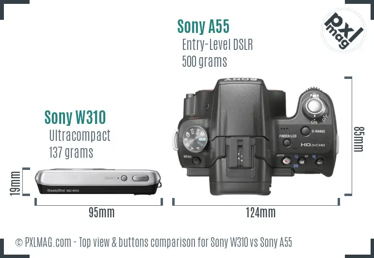 Sony W310 vs Sony A55 top view buttons comparison