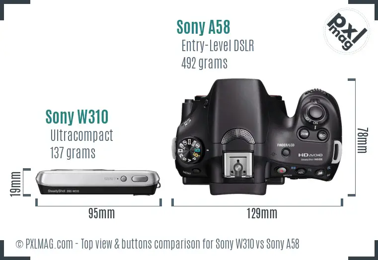 Sony W310 vs Sony A58 top view buttons comparison