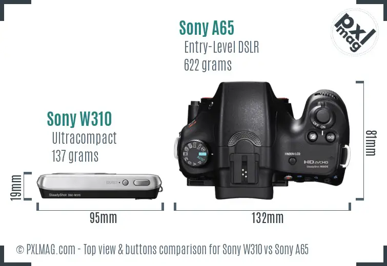 Sony W310 vs Sony A65 top view buttons comparison