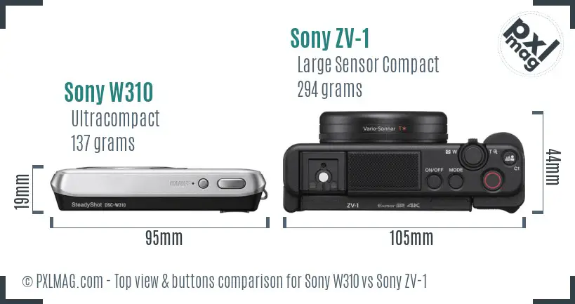 Sony W310 vs Sony ZV-1 top view buttons comparison