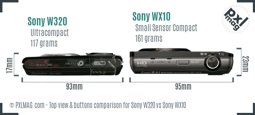 Sony W320 vs Sony WX10 top view buttons comparison