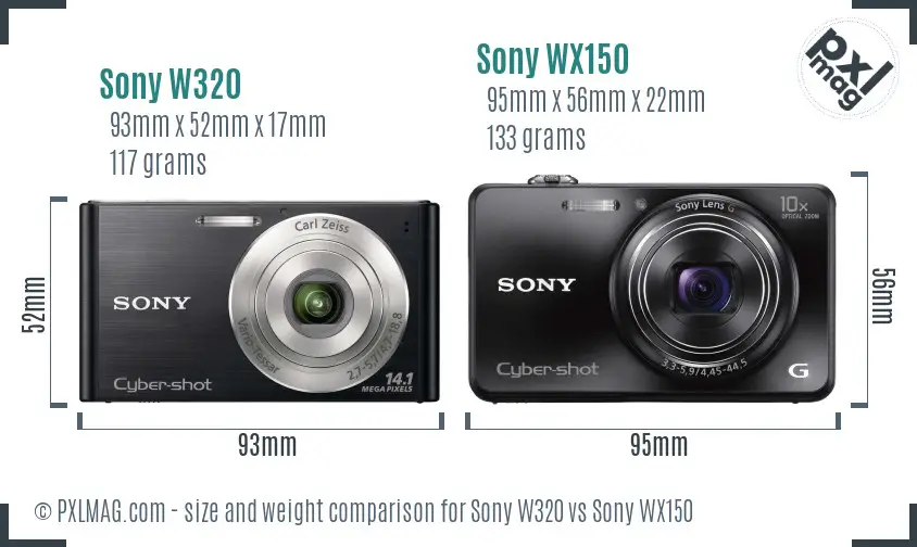 Sony W320 vs Sony WX150 size comparison