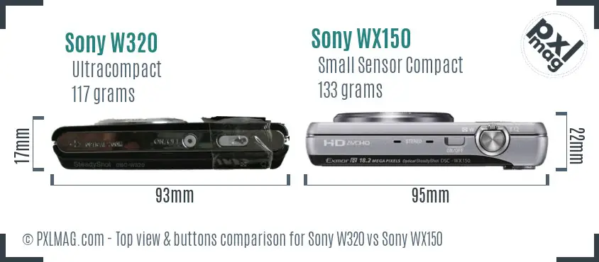 Sony W320 vs Sony WX150 top view buttons comparison