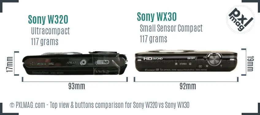 Sony W320 vs Sony WX30 top view buttons comparison