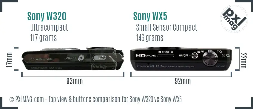 Sony W320 vs Sony WX5 top view buttons comparison