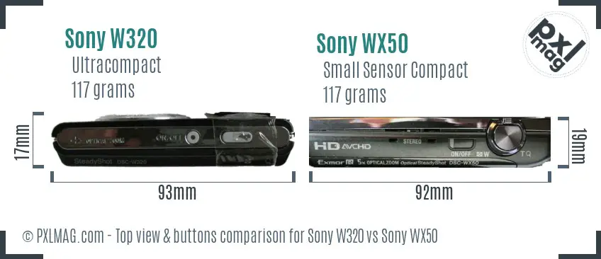 Sony W320 vs Sony WX50 top view buttons comparison