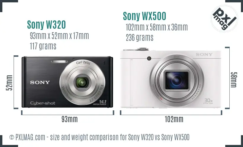 Sony W320 vs Sony WX500 size comparison