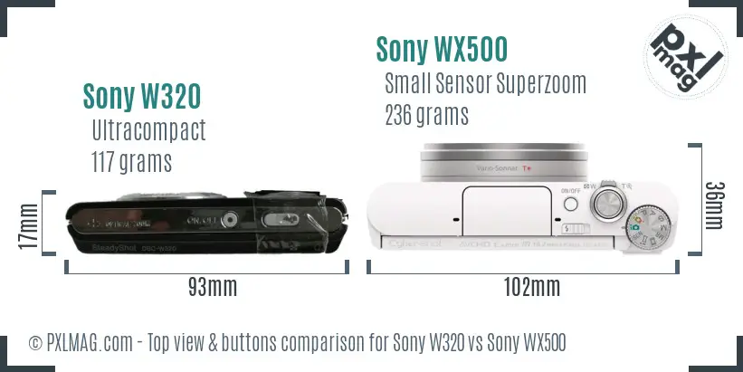 Sony W320 vs Sony WX500 top view buttons comparison