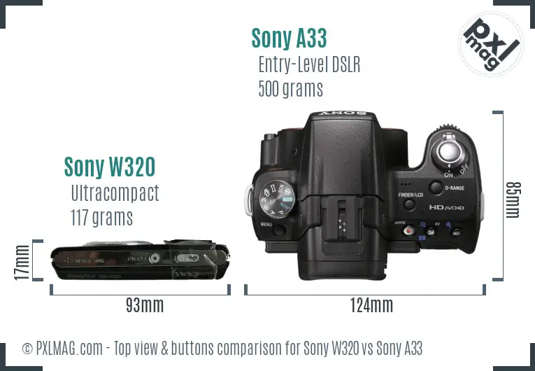 Sony W320 vs Sony A33 top view buttons comparison