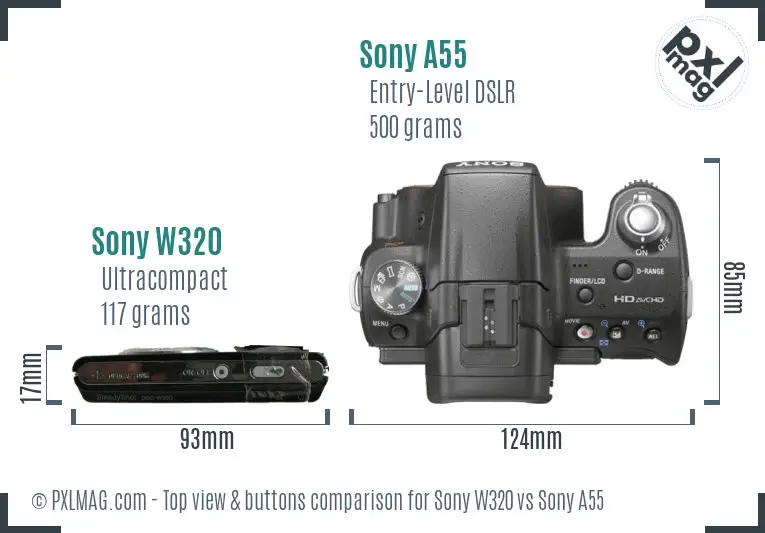 Sony W320 vs Sony A55 top view buttons comparison
