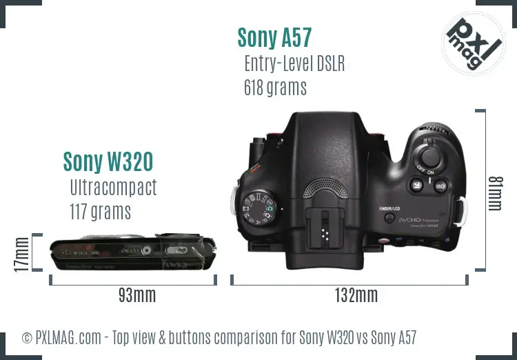 Sony W320 vs Sony A57 top view buttons comparison