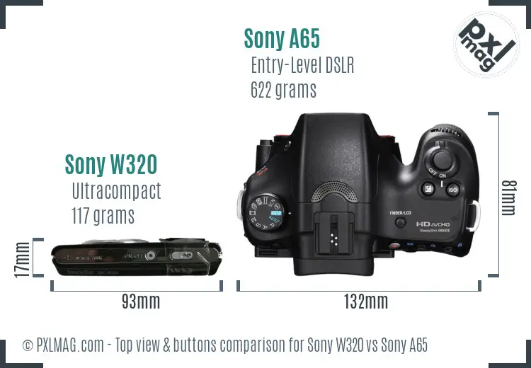 Sony W320 vs Sony A65 top view buttons comparison