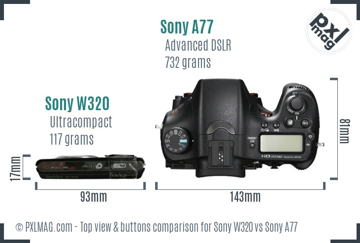 Sony W320 vs Sony A77 top view buttons comparison