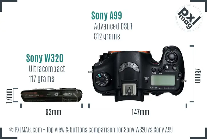 Sony W320 vs Sony A99 top view buttons comparison