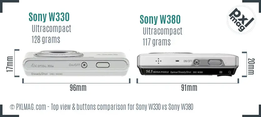Sony W330 vs Sony W380 top view buttons comparison