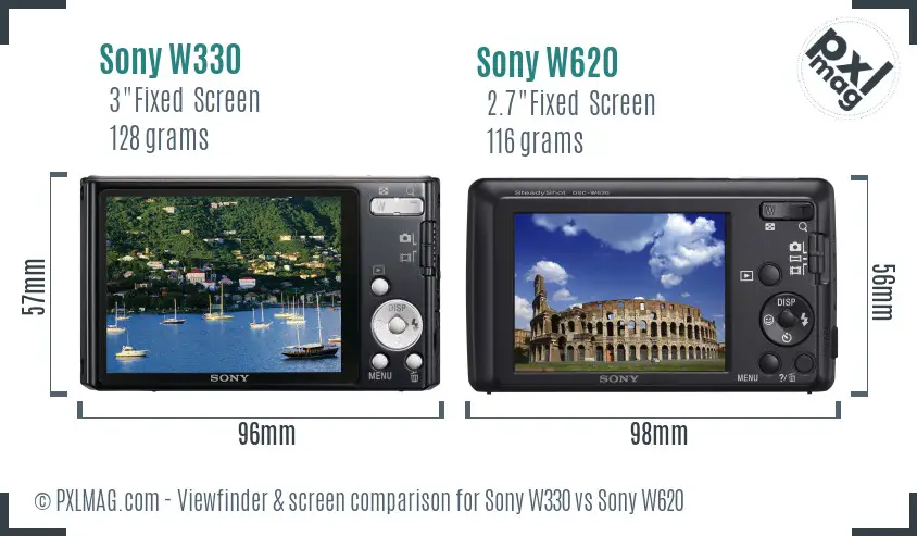 Sony W330 vs Sony W620 Screen and Viewfinder comparison