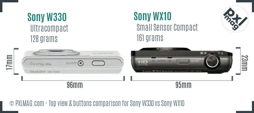 Sony W330 vs Sony WX10 top view buttons comparison