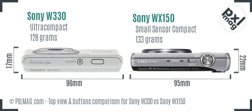 Sony W330 vs Sony WX150 top view buttons comparison