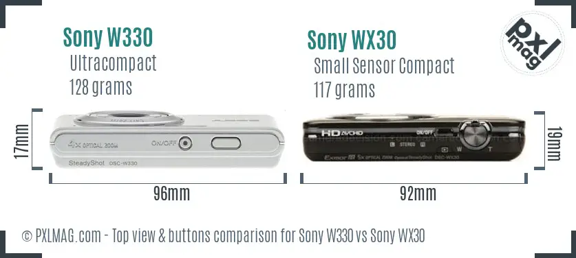 Sony W330 vs Sony WX30 top view buttons comparison
