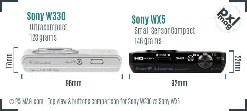 Sony W330 vs Sony WX5 top view buttons comparison