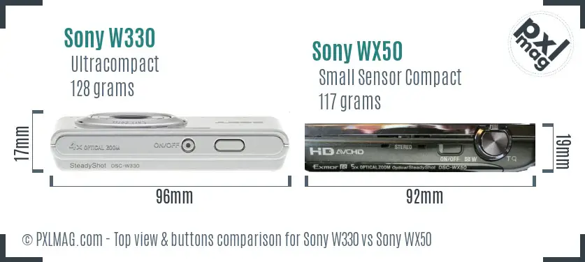 Sony W330 vs Sony WX50 top view buttons comparison