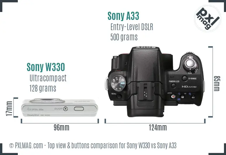 Sony W330 vs Sony A33 top view buttons comparison