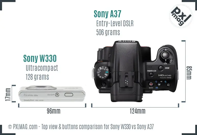 Sony W330 vs Sony A37 top view buttons comparison