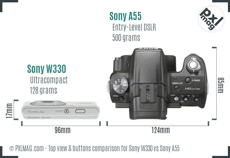 Sony W330 vs Sony A55 top view buttons comparison