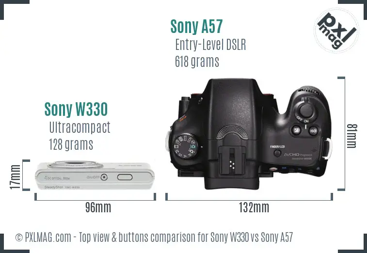 Sony W330 vs Sony A57 top view buttons comparison
