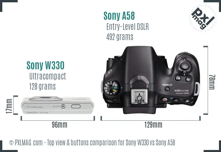 Sony W330 vs Sony A58 top view buttons comparison