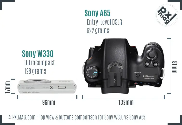 Sony W330 vs Sony A65 top view buttons comparison