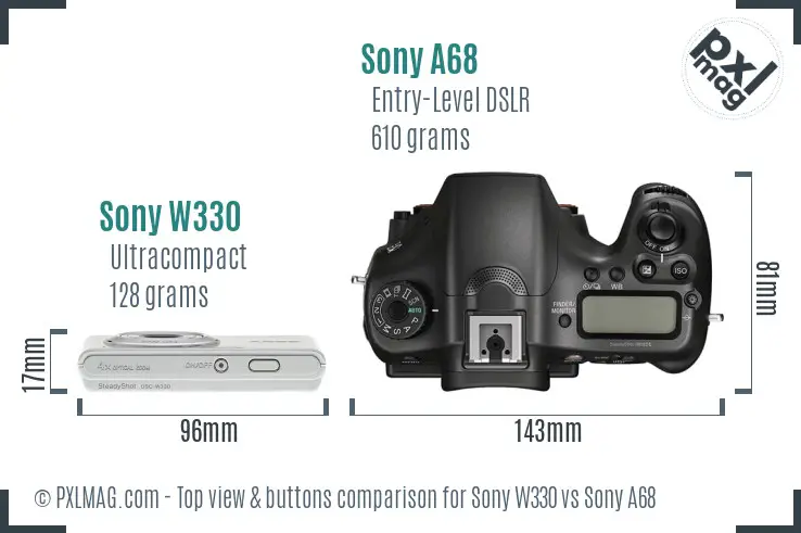 Sony W330 vs Sony A68 top view buttons comparison