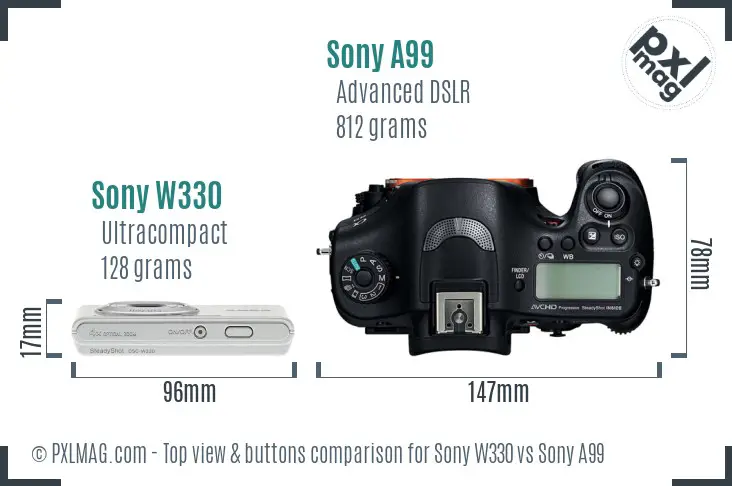Sony W330 vs Sony A99 top view buttons comparison