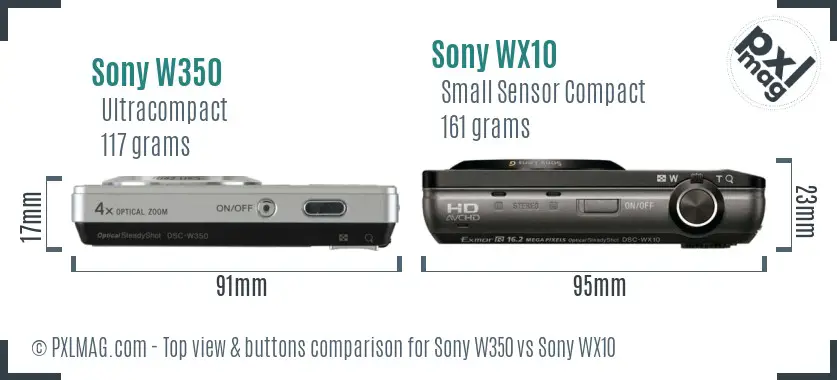 Sony W350 vs Sony WX10 top view buttons comparison
