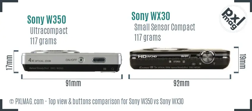 Sony W350 vs Sony WX30 top view buttons comparison